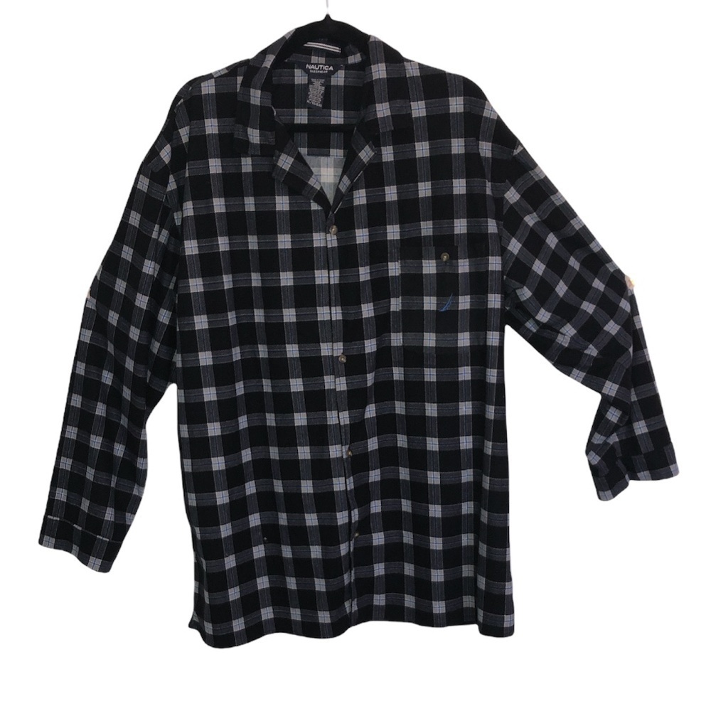 NAUTICA Pajama Top Men's Size XL Black Blue Plaid Sleepwear Extra Soft Fleece